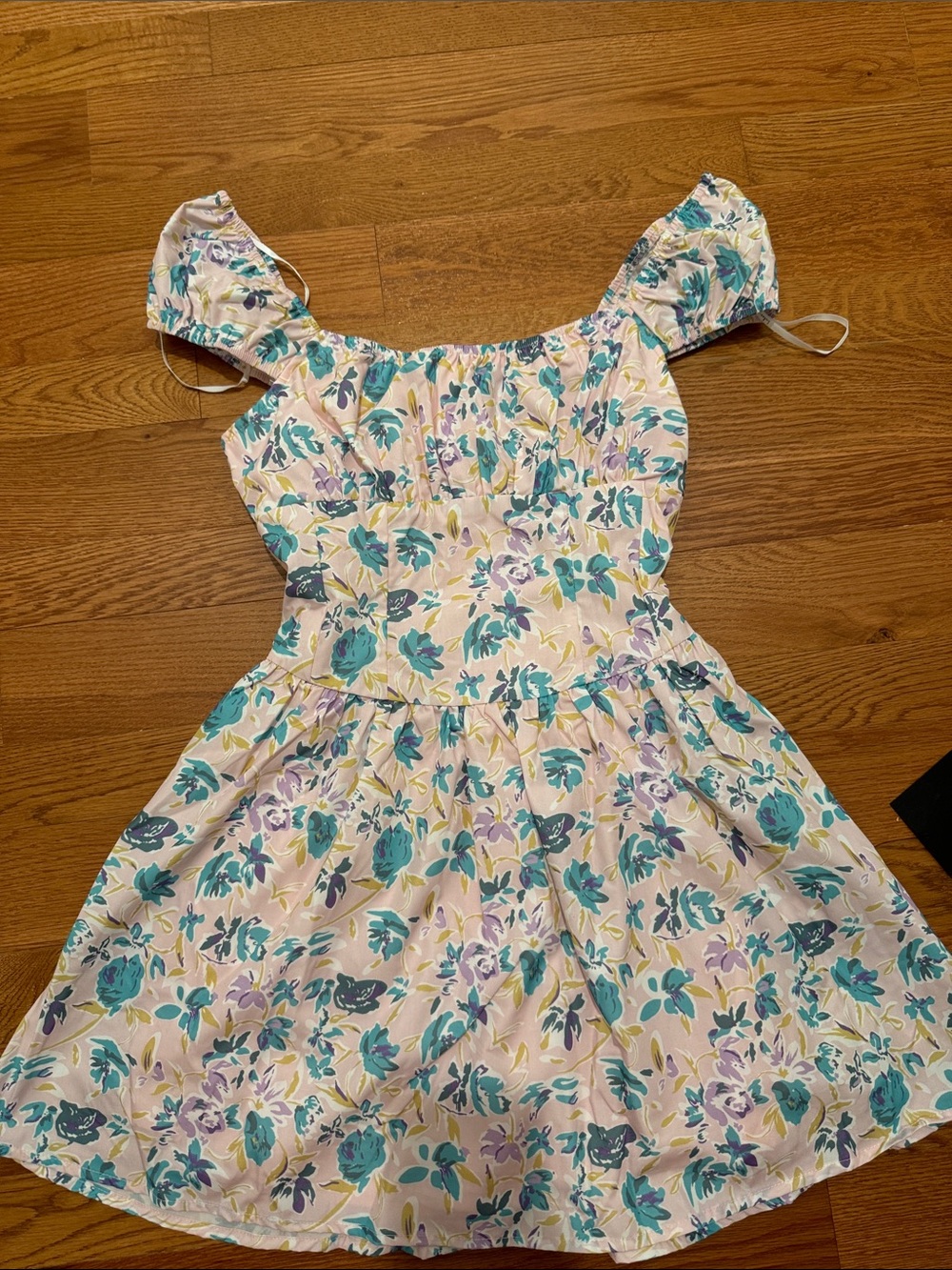 Lulus Floral Off-Shoulder Summer Dress in Teal & Lavender